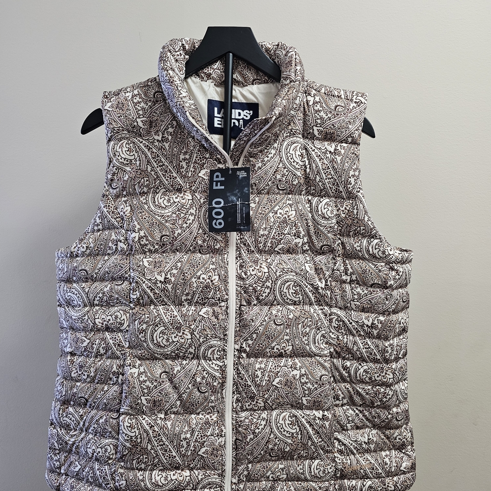 NWT Lands’ End 600 Fill Down Puffer Vest XL (18) Brown Paisley Western Boho